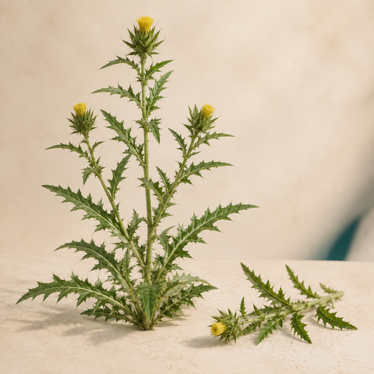 Living blessed thistle plant with yellow flower heads and spiny leaves on a warm cream background