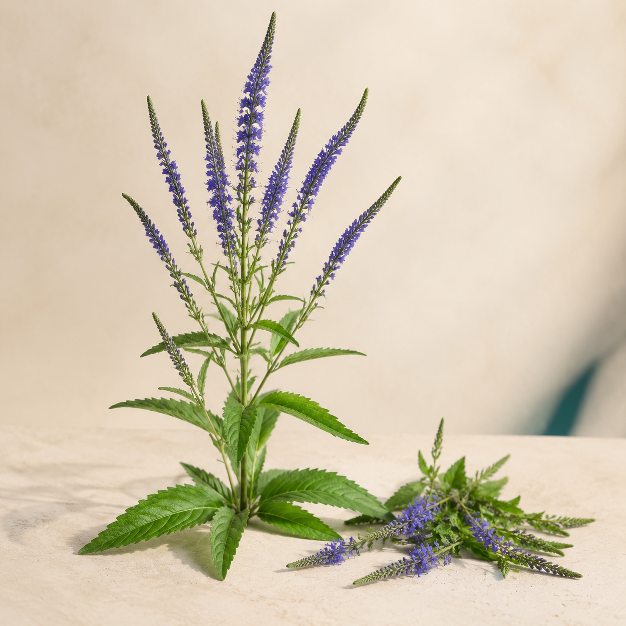 Living blue vervain plant with violet flower spikes on a warm cream background