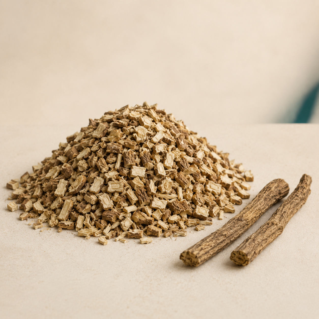 Dried cut burdock root pieces on a warm cream background