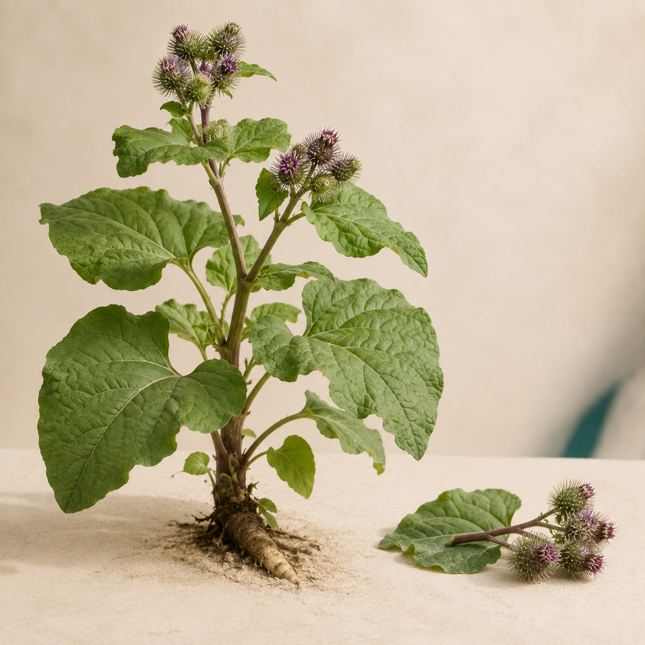 Living greater burdock plant with broad leaves, burr flowers, and taproot on a warm cream background