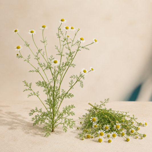 Living German chamomile plant with white flowers and feathery leaves on a warm cream background