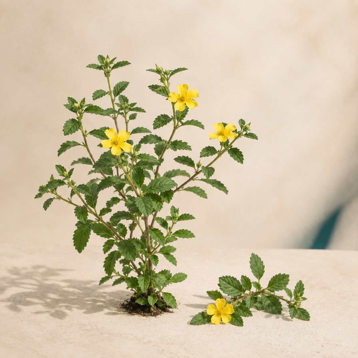 Living damiana plant with yellow flowers and serrated leaves on a warm cream background