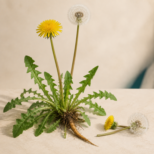 Living dandelion plant with yellow flower, seed head, toothed leaves, and taproot on a warm cream background