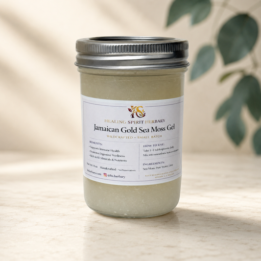 Thick wildcrafted Jamaican gold sea moss gel in an eight-ounce glass jar