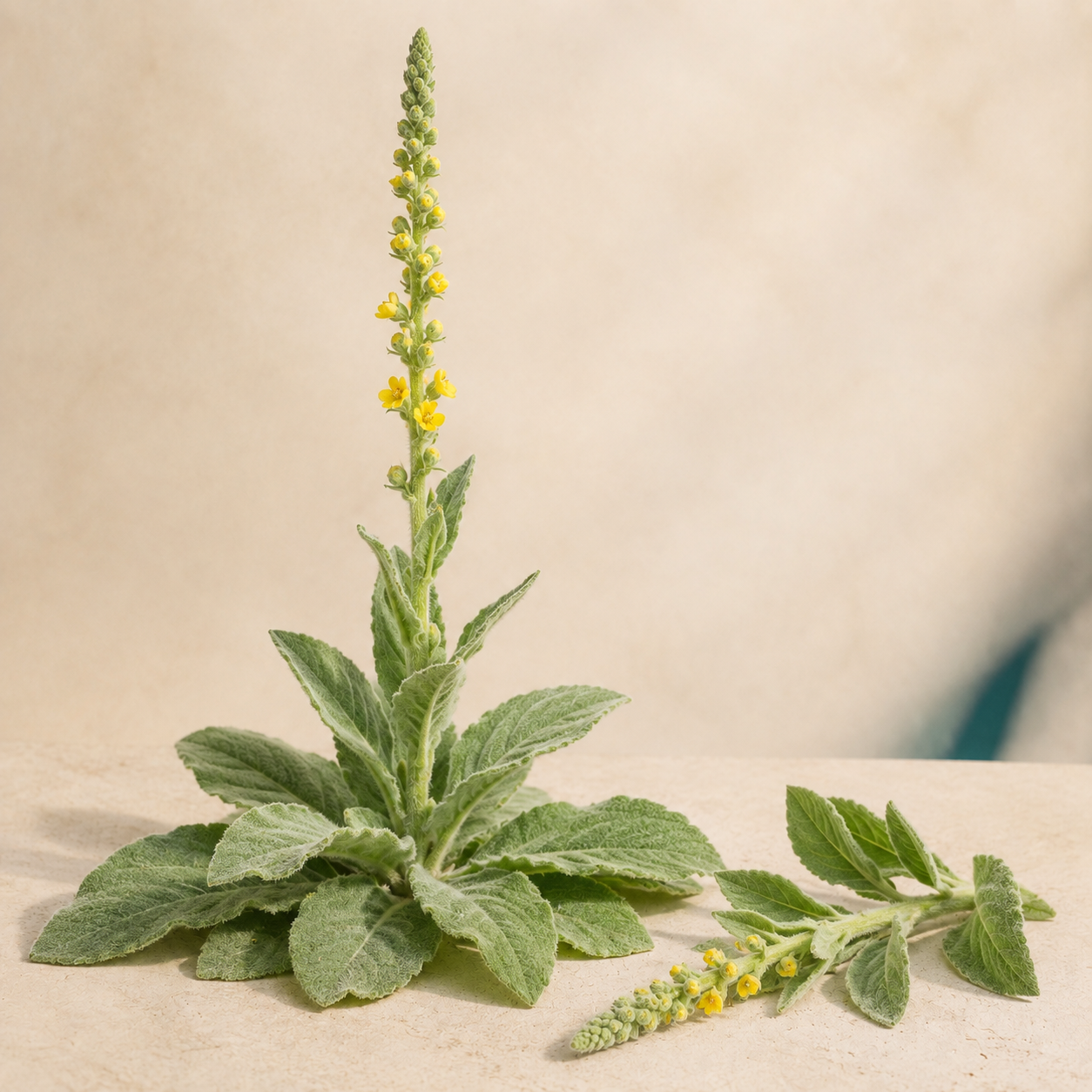 Living mullein plant with woolly leaves and yellow flower spike on a warm cream background