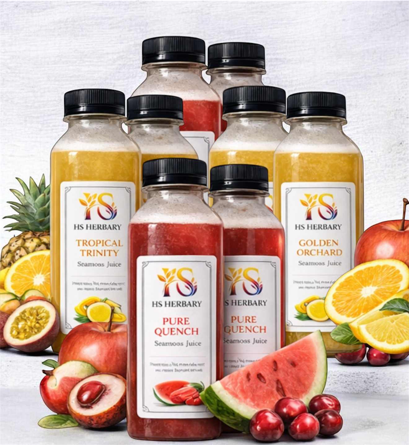 Original Healing Spirit Herbary fresh sea moss juice collection featuring Tropical Trinity, Golden Orchard, and Pure Quench