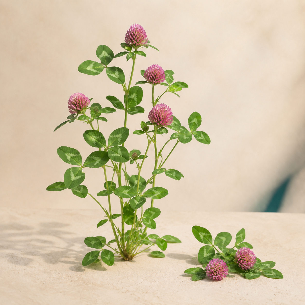 Living red clover plant with pink flower heads and marked trifoliate leaves on a warm cream background