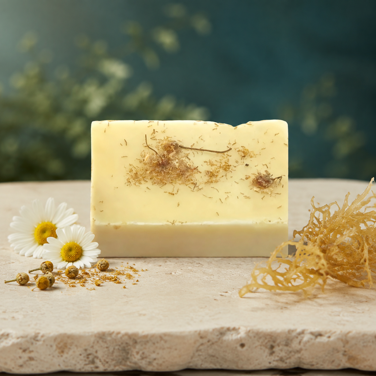 Handmade chamomile sea moss soap bar with fresh and dried chamomile
