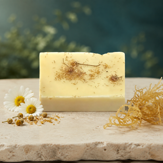 Handmade chamomile sea moss soap bar with fresh and dried chamomile