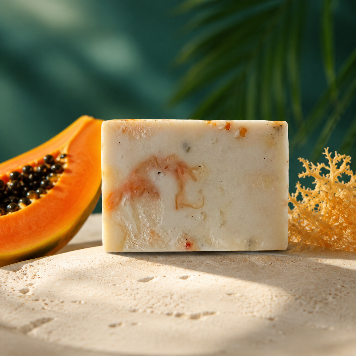Handmade papaya sea moss soap bar with fresh papaya and dried golden sea moss