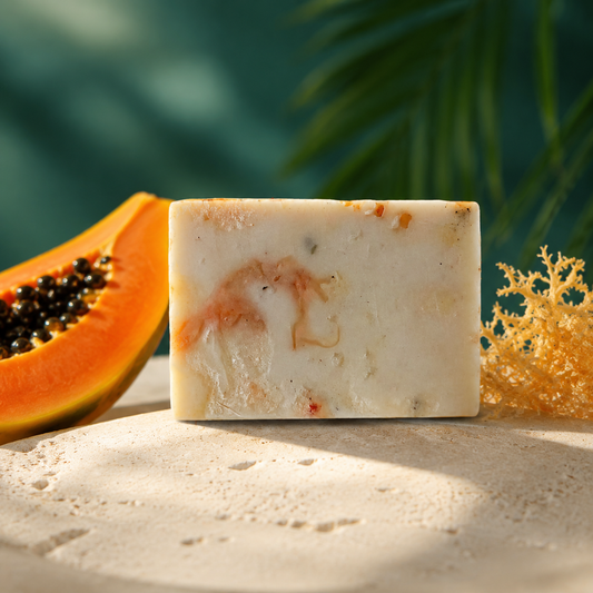 Handmade papaya sea moss soap bar with fresh papaya and dried golden sea moss